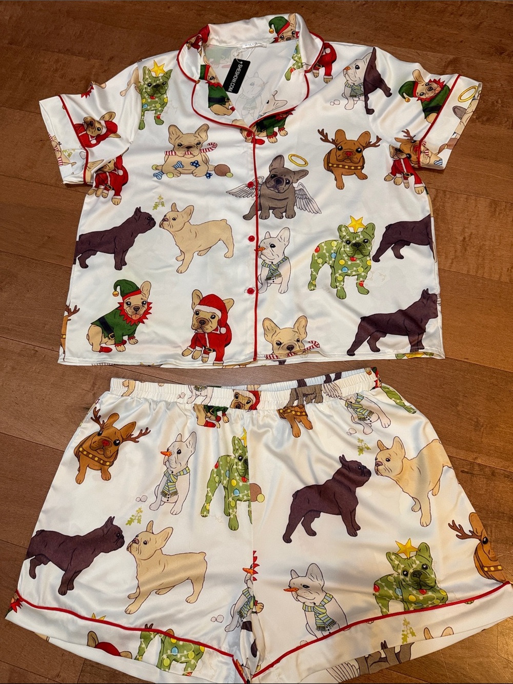 Women's White Holiday French Bulldog Satin Pajama Set with Red Piping